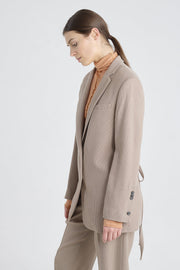 Taupe stretch wool jacket with strap belt
