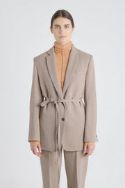 Taupe stretch wool jacket with strap belt