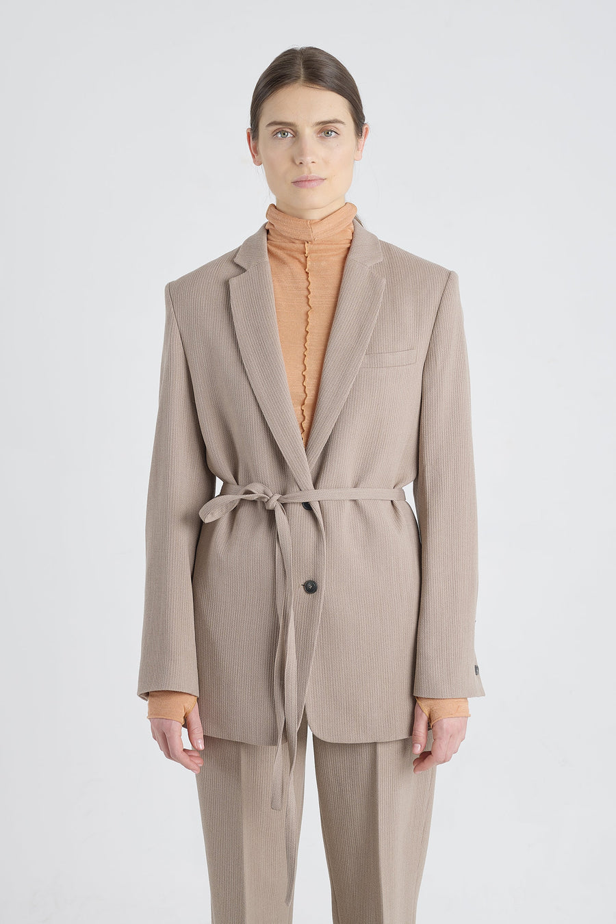 Taupe stretch wool jacket with strap belt