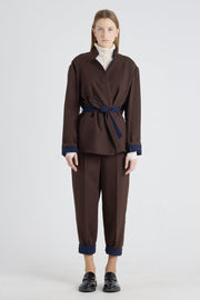 Brown&blue wool wrap jacket with back slit
