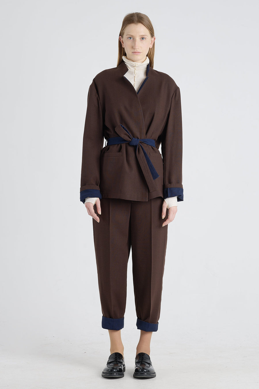 Brown&blue wool wrap jacket with back slit
