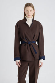 Brown&blue wool wrap jacket with back slit