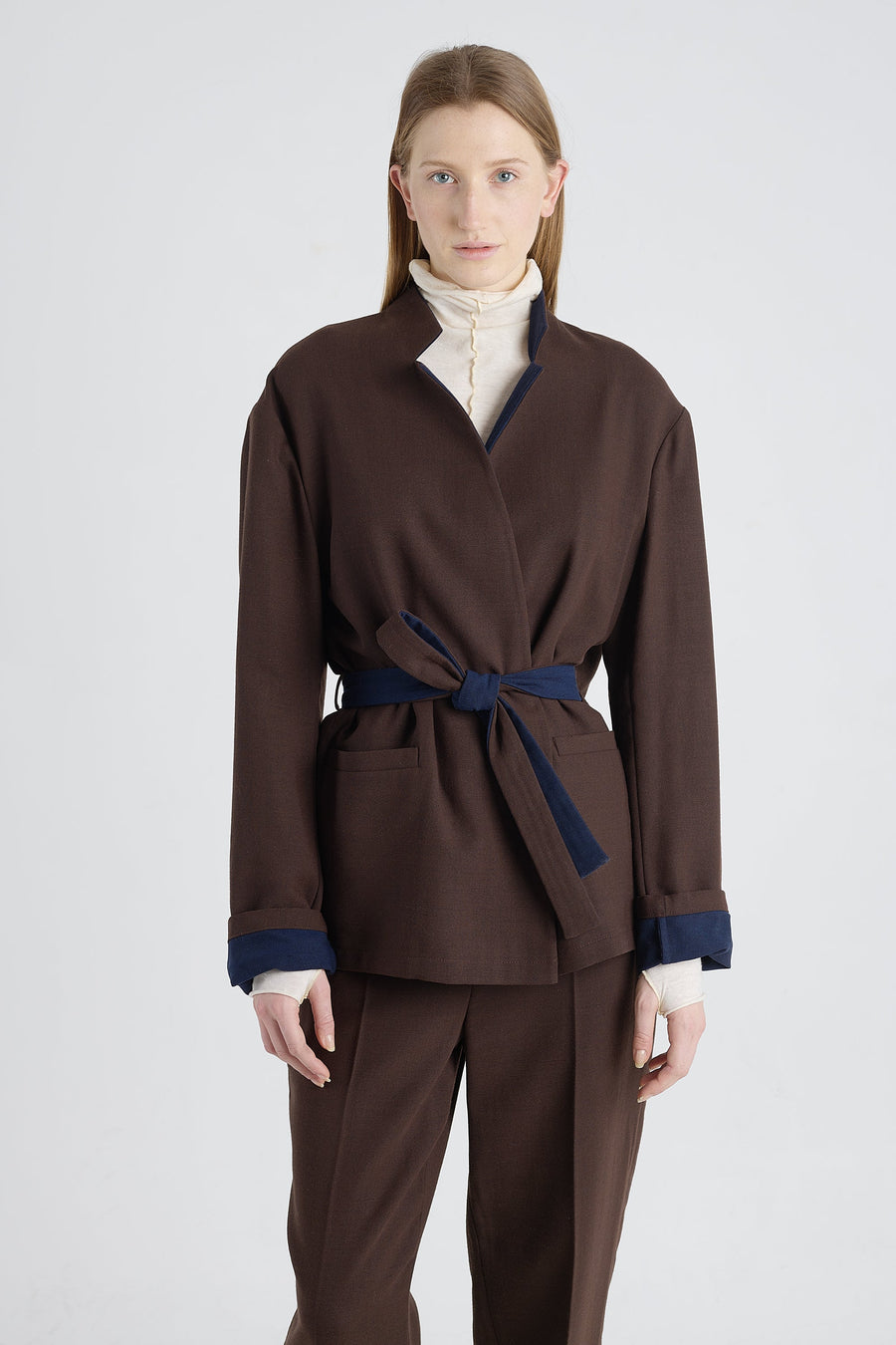 Brown&blue wool wrap jacket with back slit