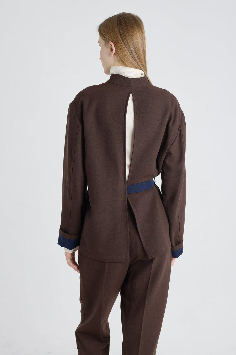 Brown&blue wool wrap jacket with back slit