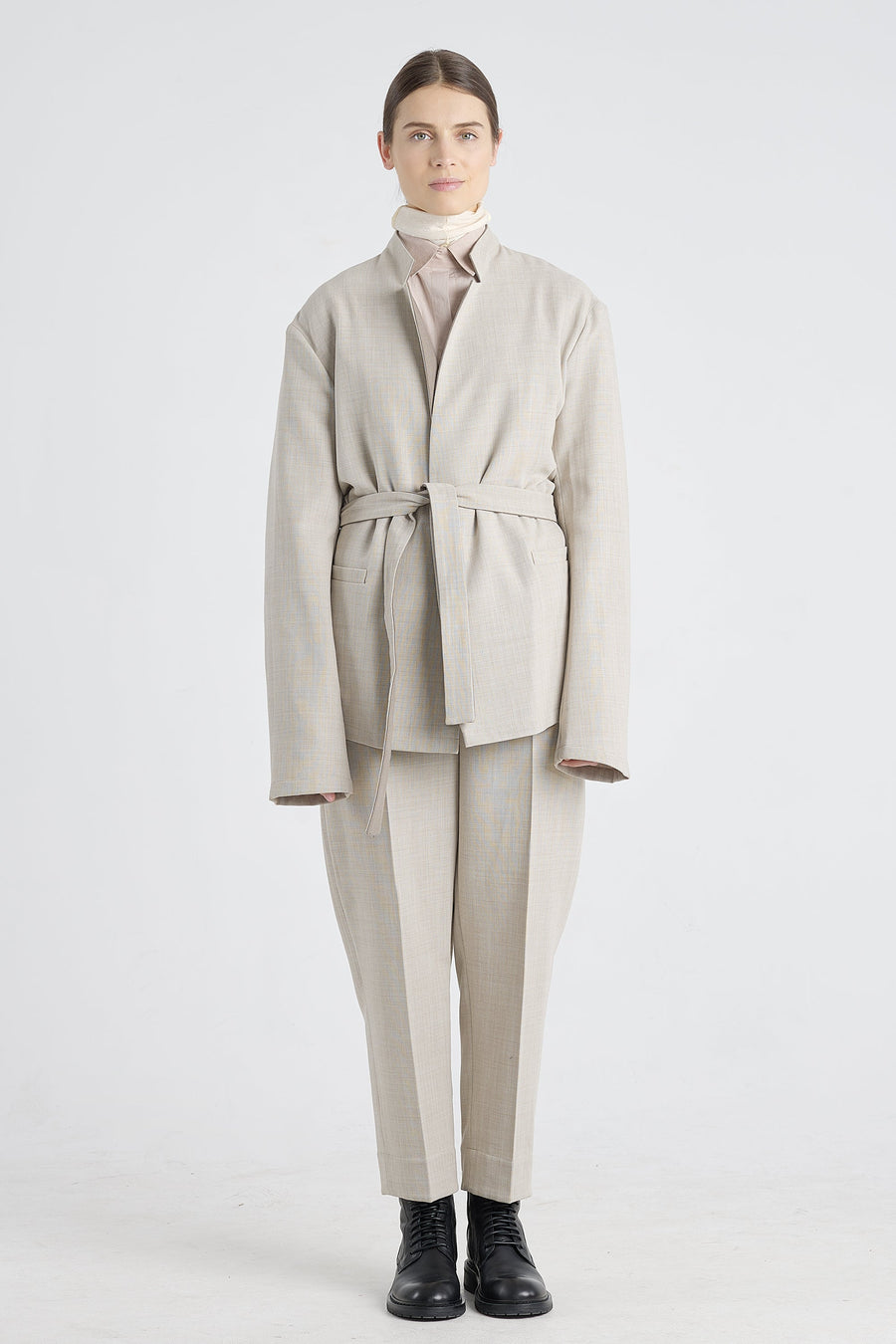 Grey beige wool wrap jacket with back slit