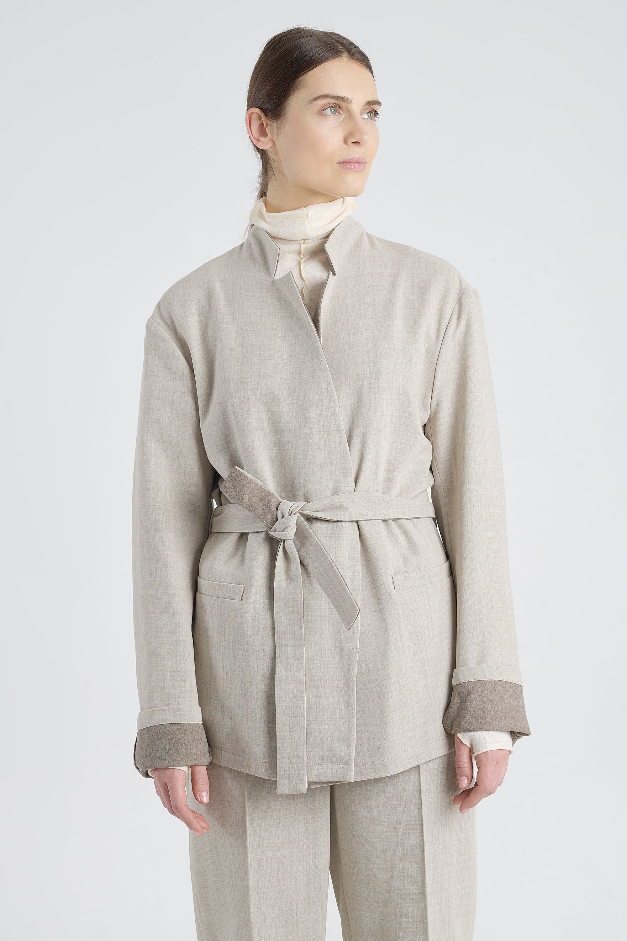 Grey beige wool wrap jacket with back slit