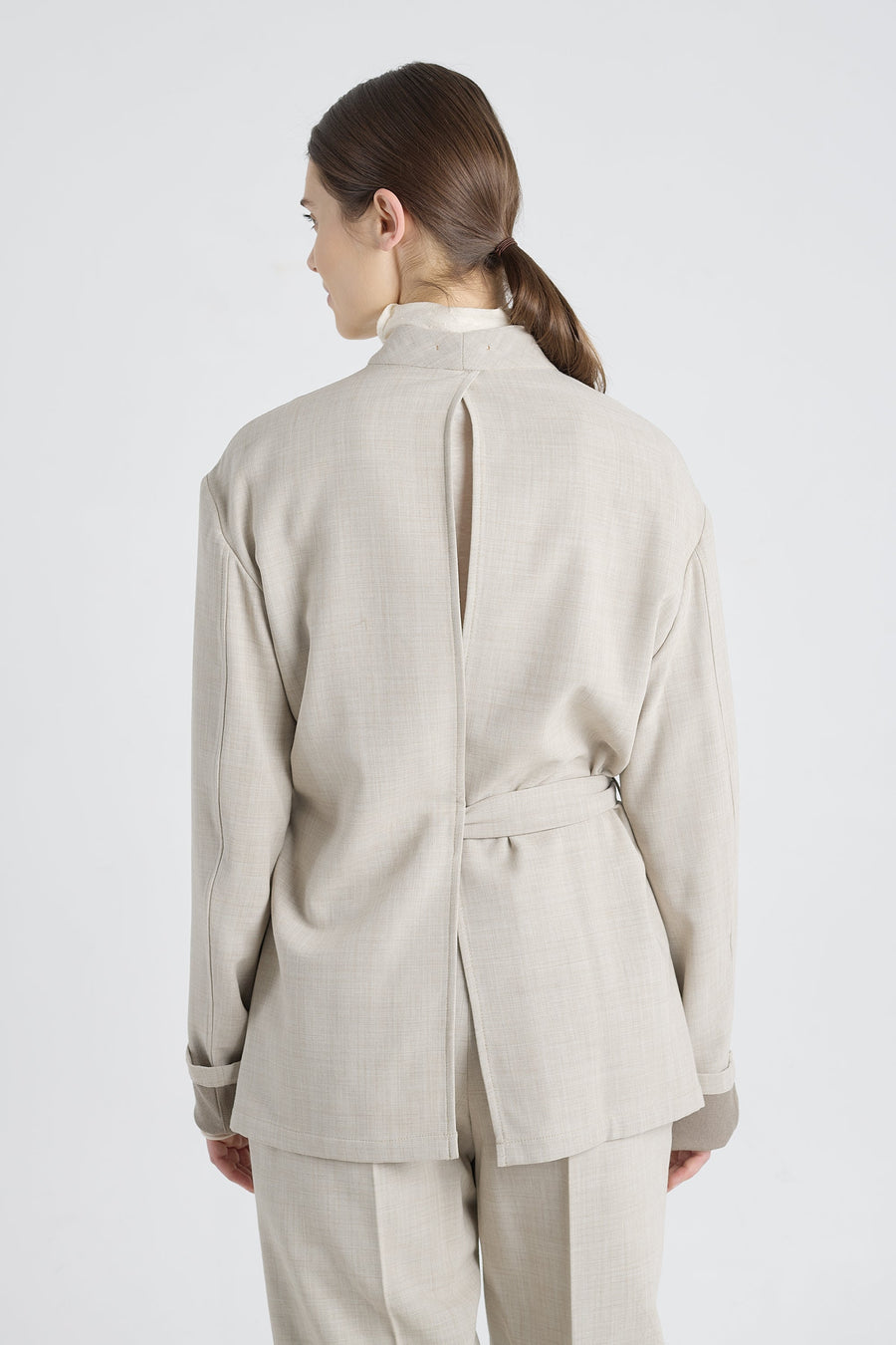 Grey beige wool wrap jacket with back slit