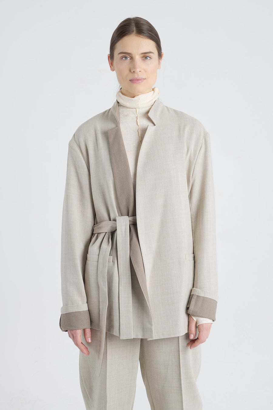 Grey beige wool wrap jacket with back slit