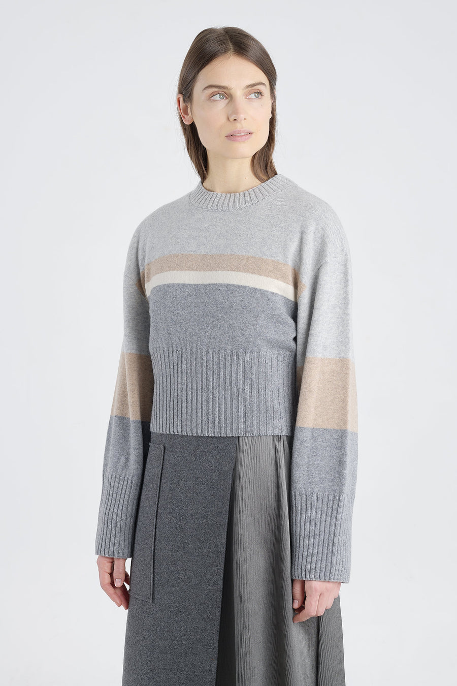 Grey with stripes cashmere cropped crewneck