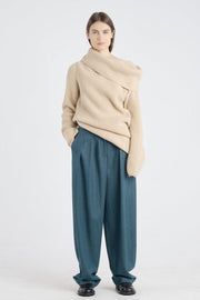 Beige melange merino asymmetric turtleneck