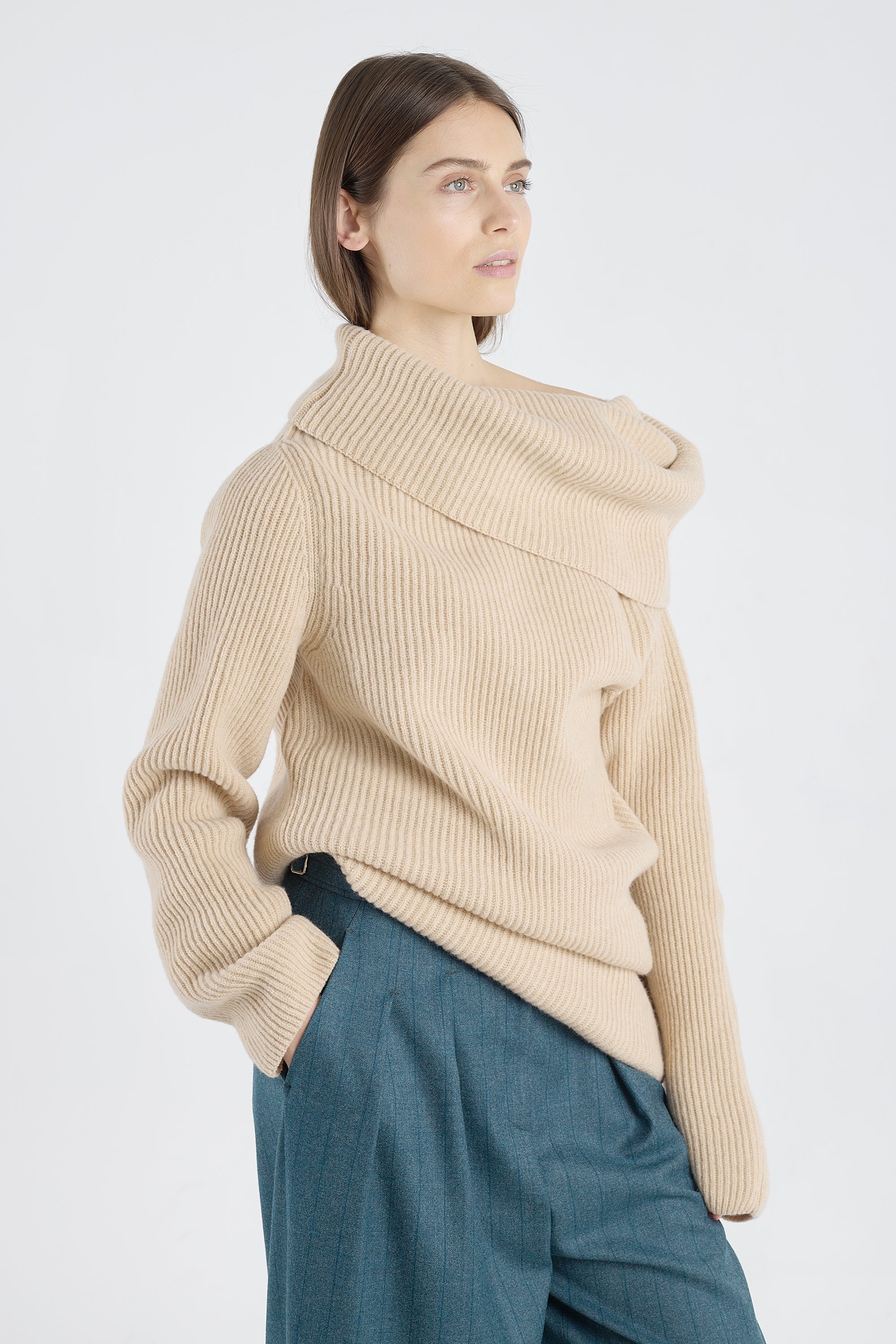Beige melange merino asymmetric turtleneck