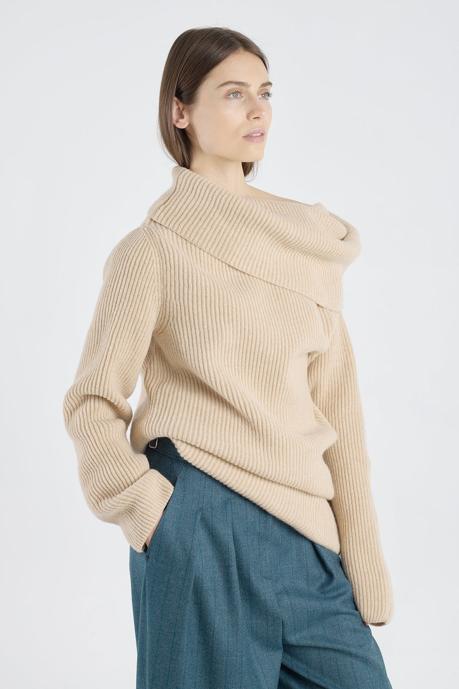 Beige melange merino asymmetric turtleneck