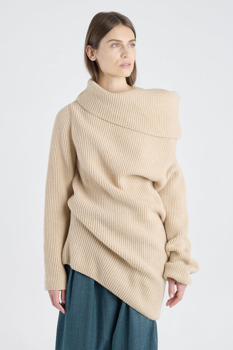 Beige melange merino asymmetric turtleneck
