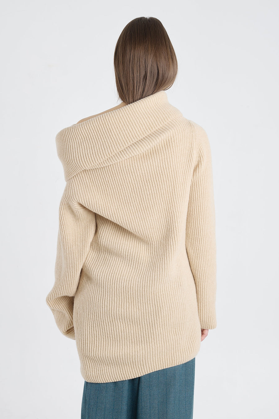 Beige melange merino asymmetric turtleneck