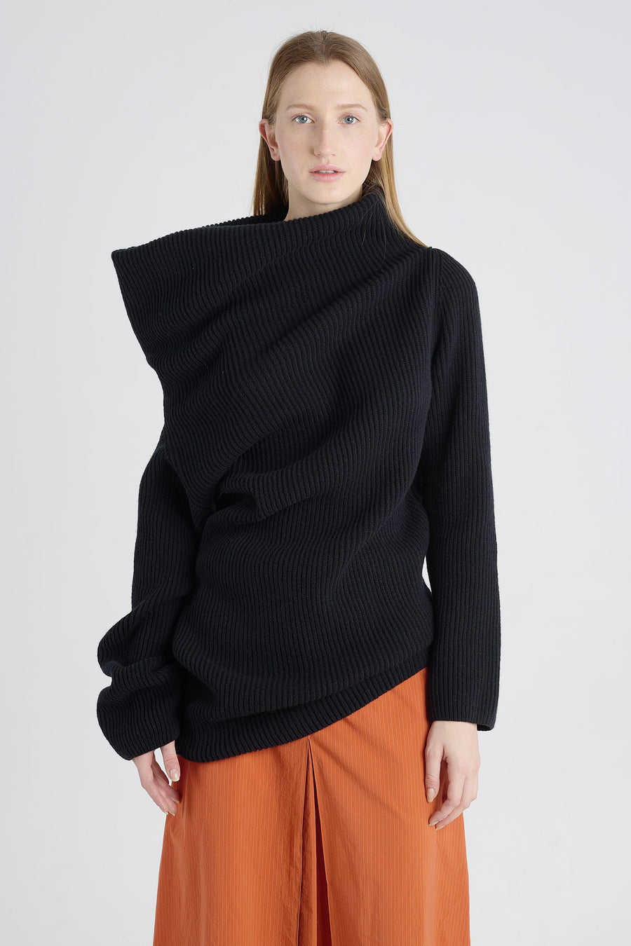 Black merino asymmetric turtleneck