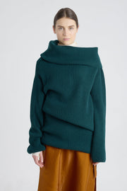 Dark green merino asymmetric turtleneck