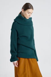 Dark green merino asymmetric turtleneck