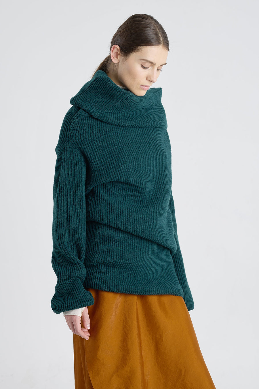 Dark green merino asymmetric turtleneck
