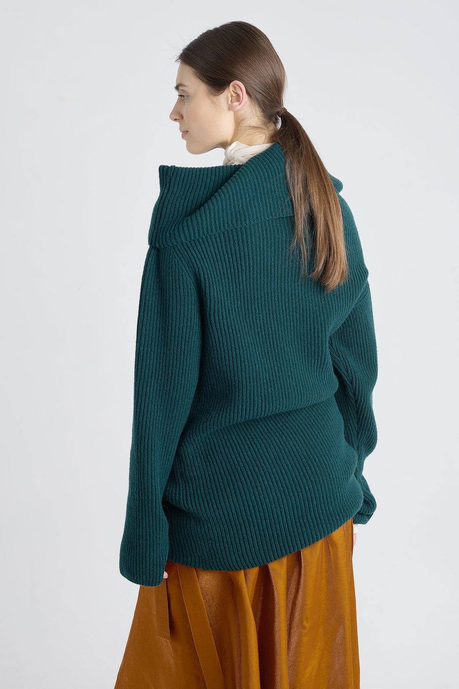 Dark green merino asymmetric turtleneck