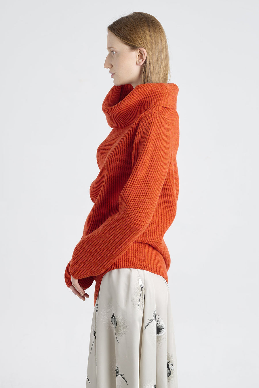 Brick red merino asymmetric turtleneck