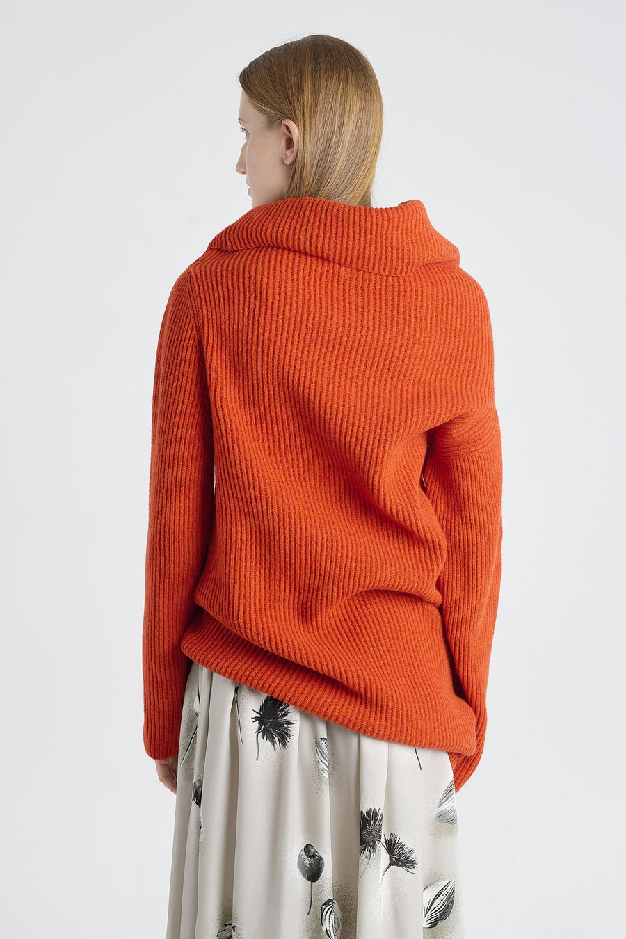Brick red merino asymmetric turtleneck