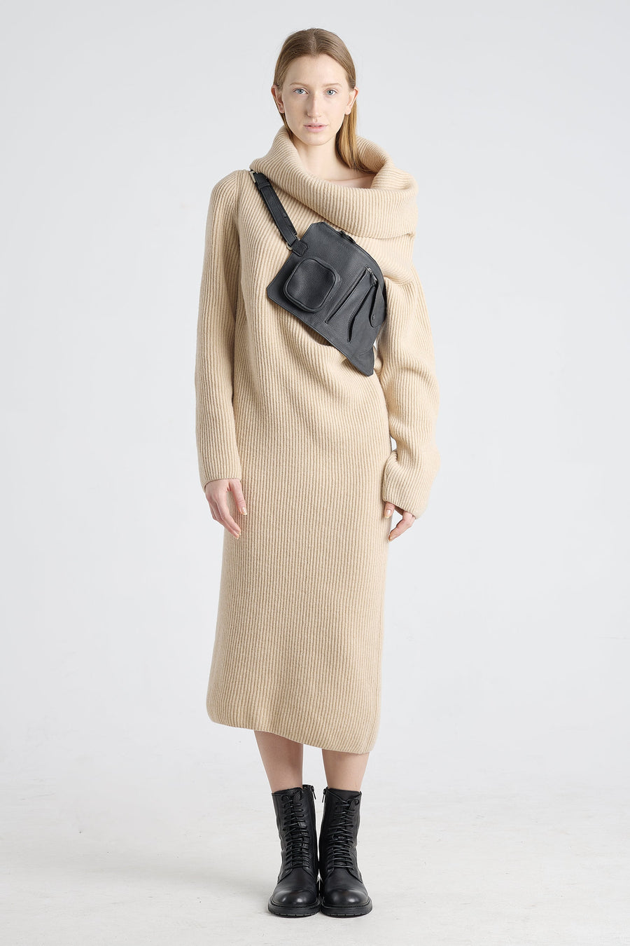 Beige melange merino asymmetric dress
