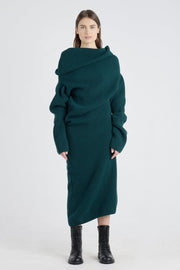Dark green merino asymmetric dress