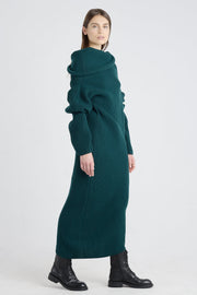 Dark green merino asymmetric dress