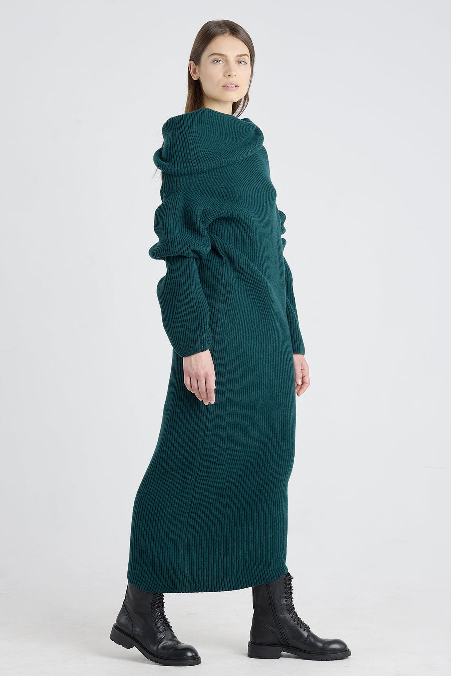 Dark green merino asymmetric dress