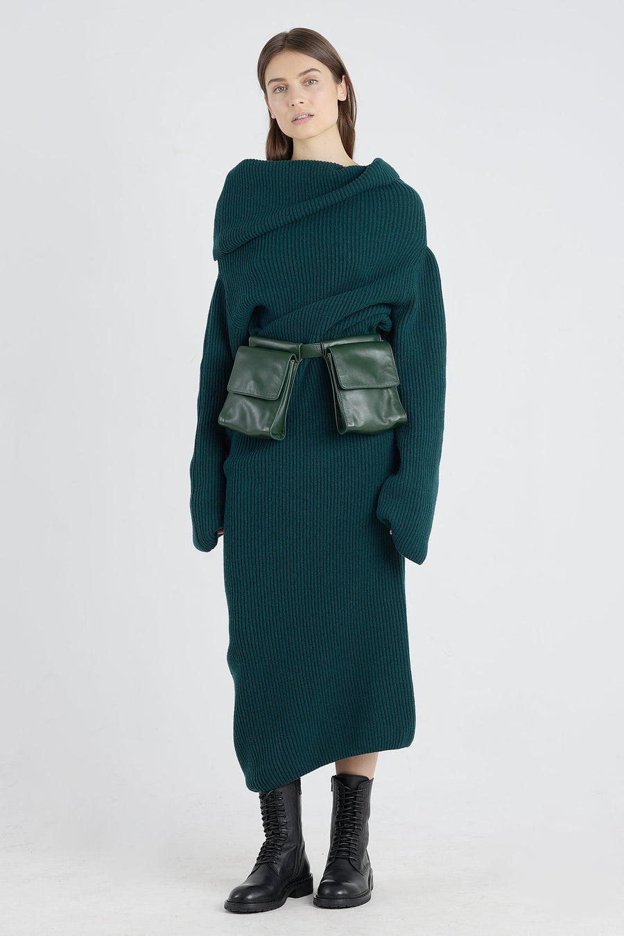 Dark green merino asymmetric dress