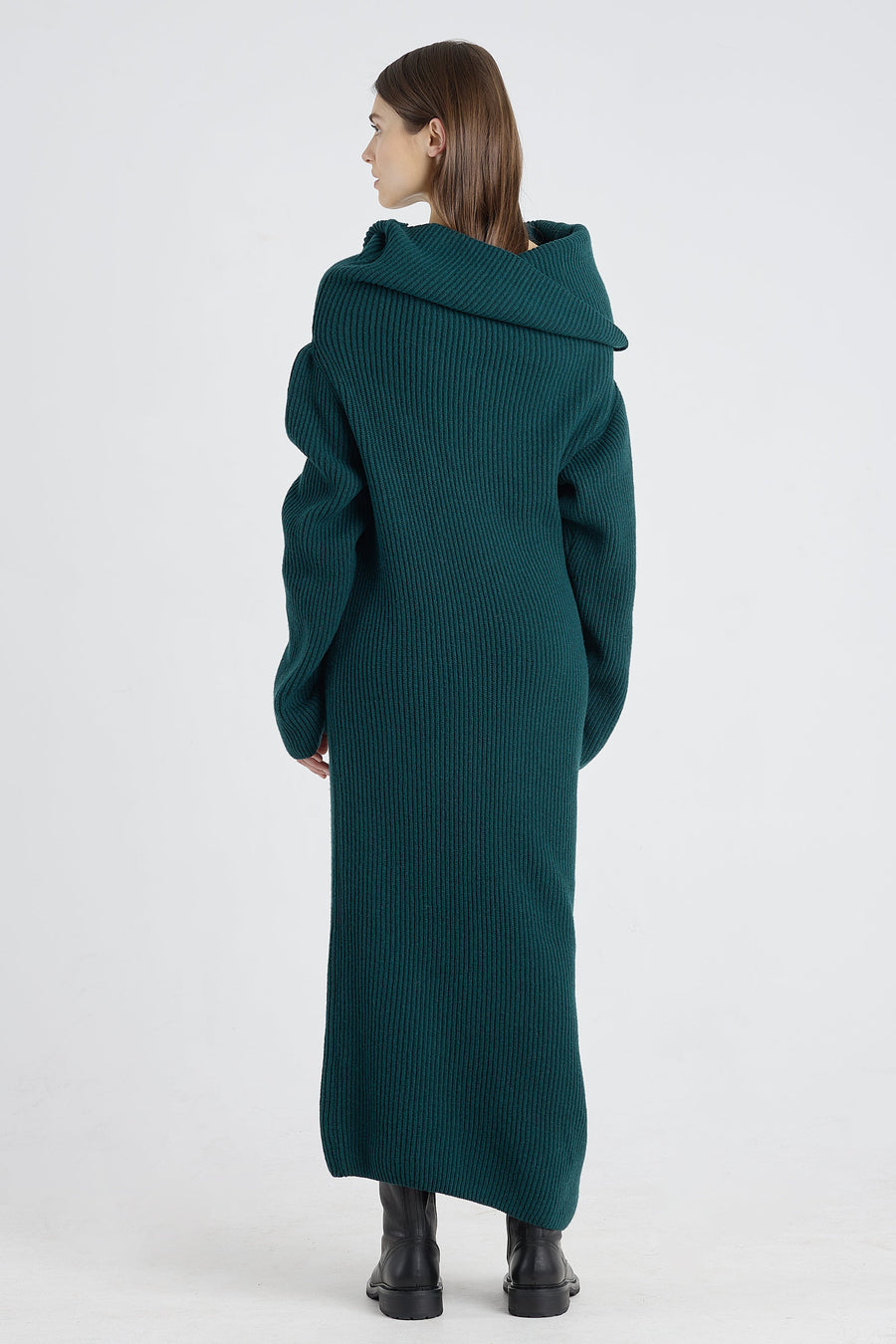 Dark green merino asymmetric dress