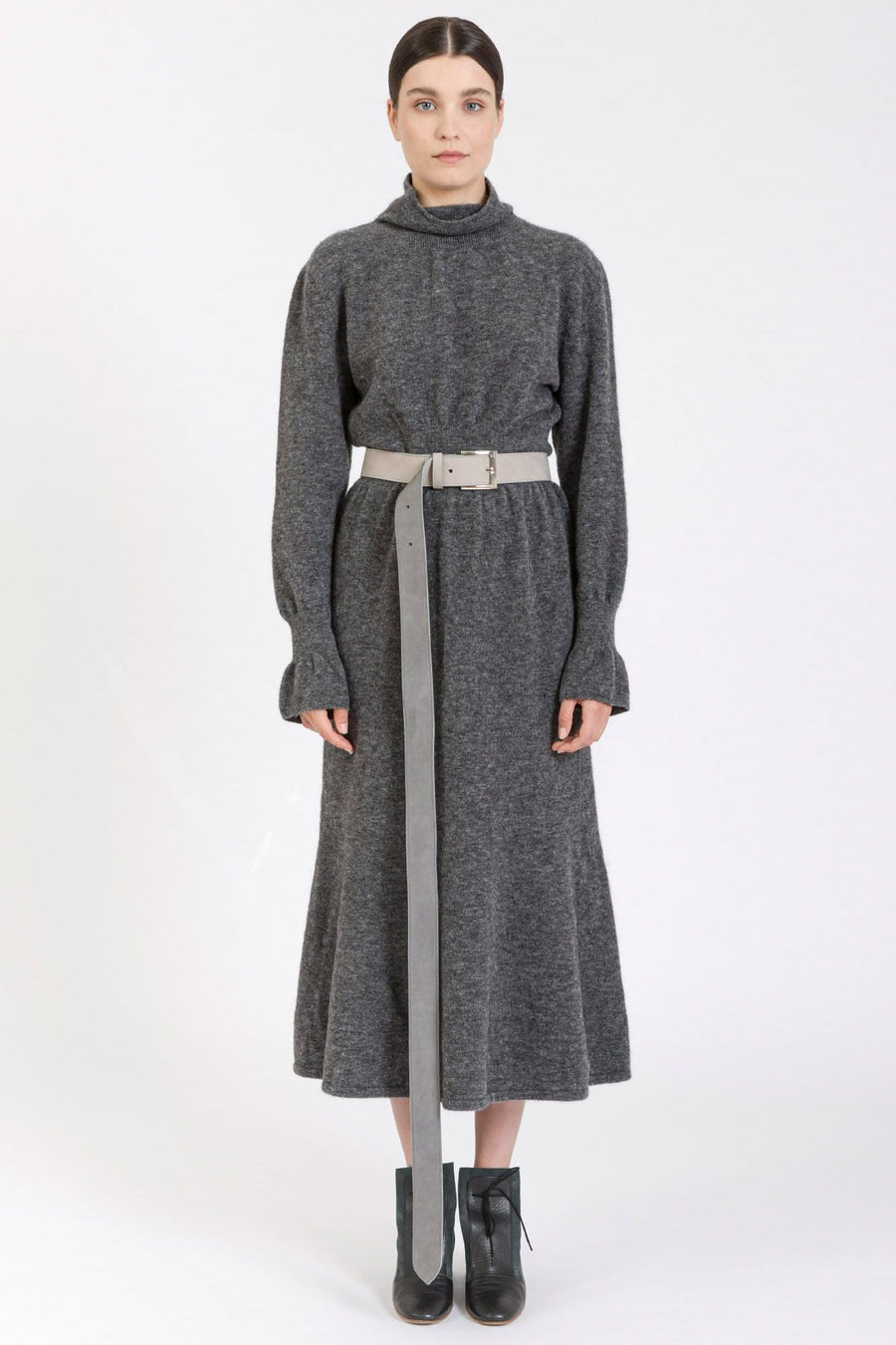 Stone grey leather extra long belt