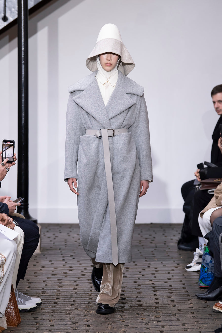 Stone grey leather extra long belt