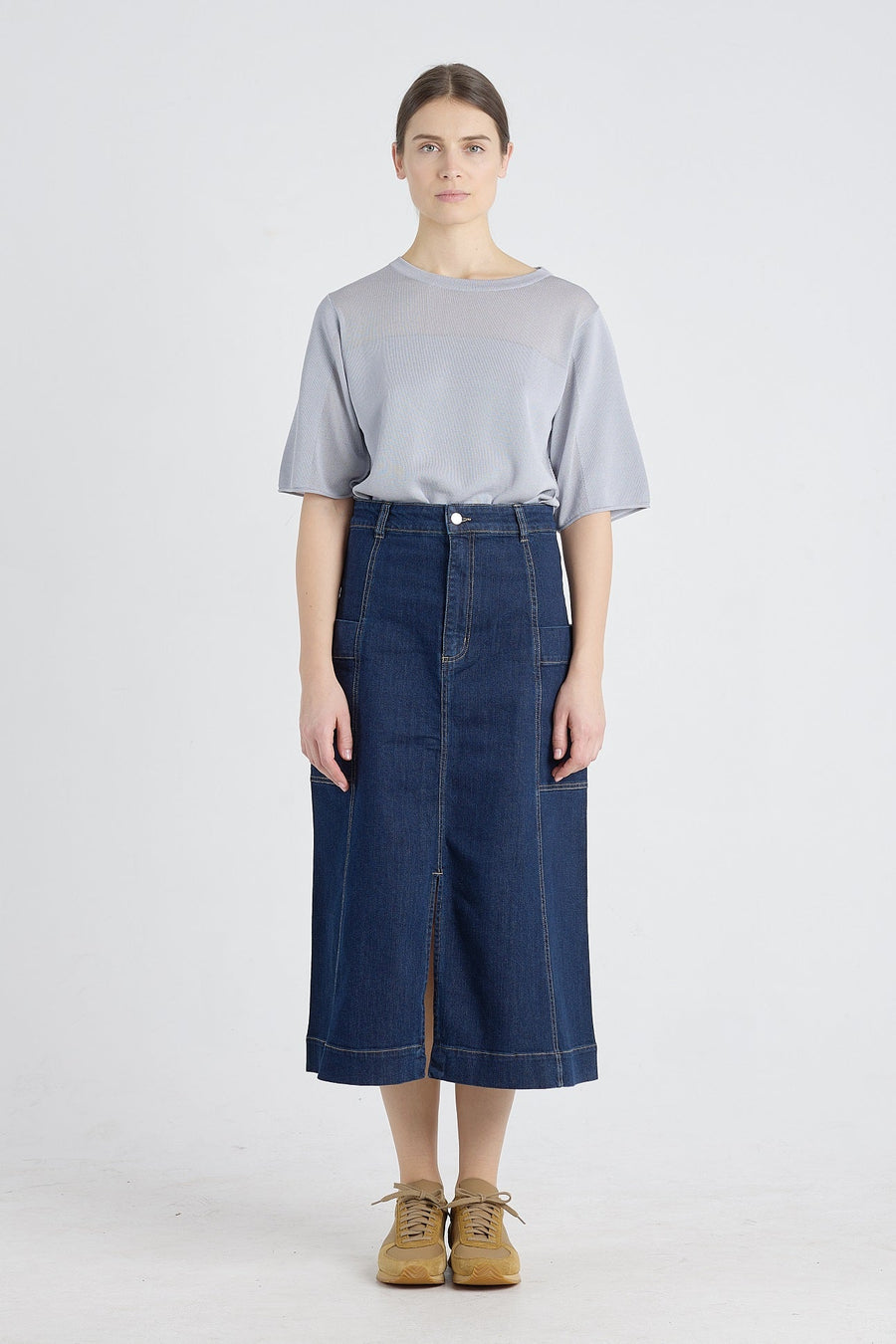 Indigo blue high waisted denim skirt