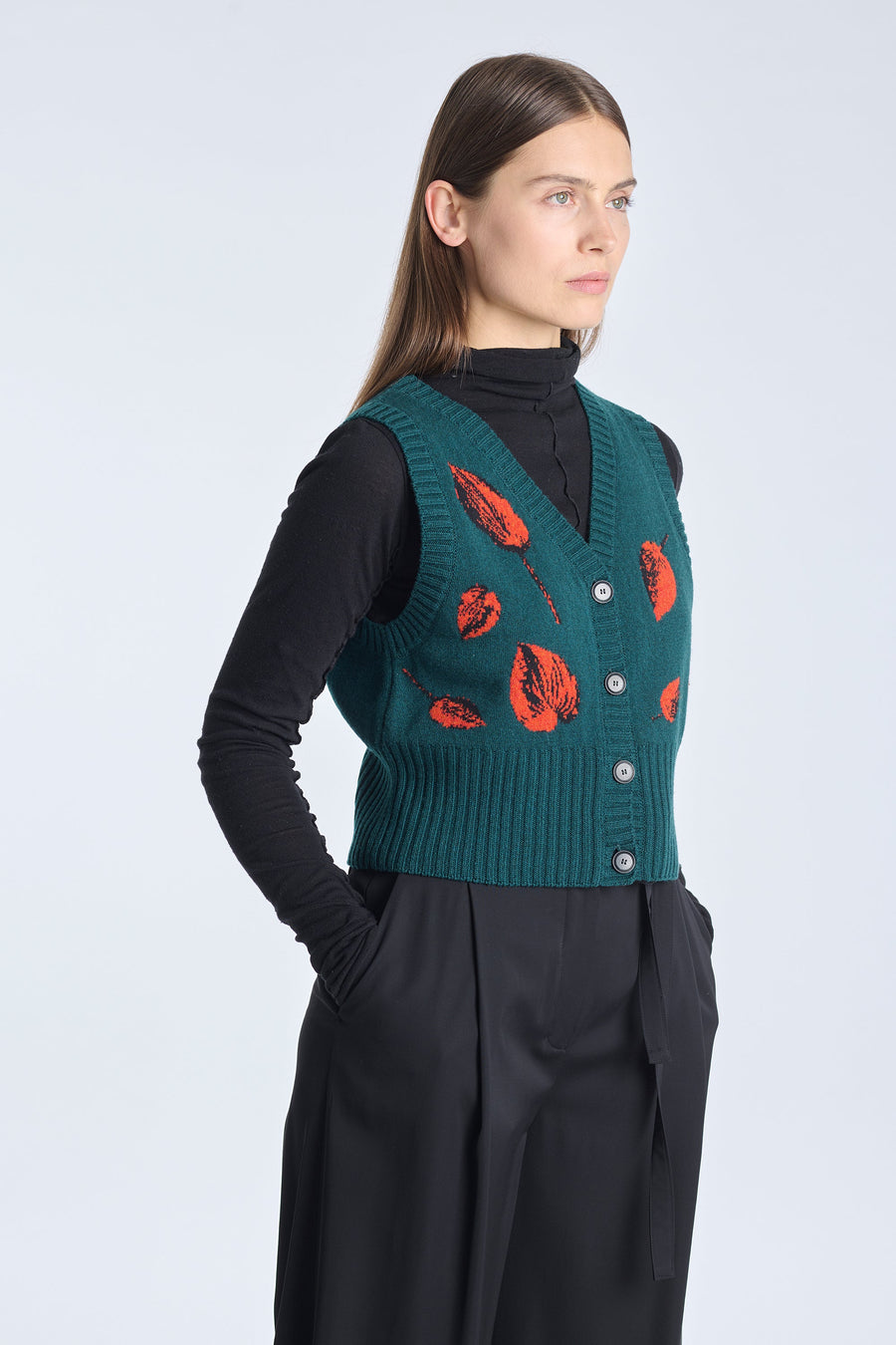 Dark green extra fine merino printed vest