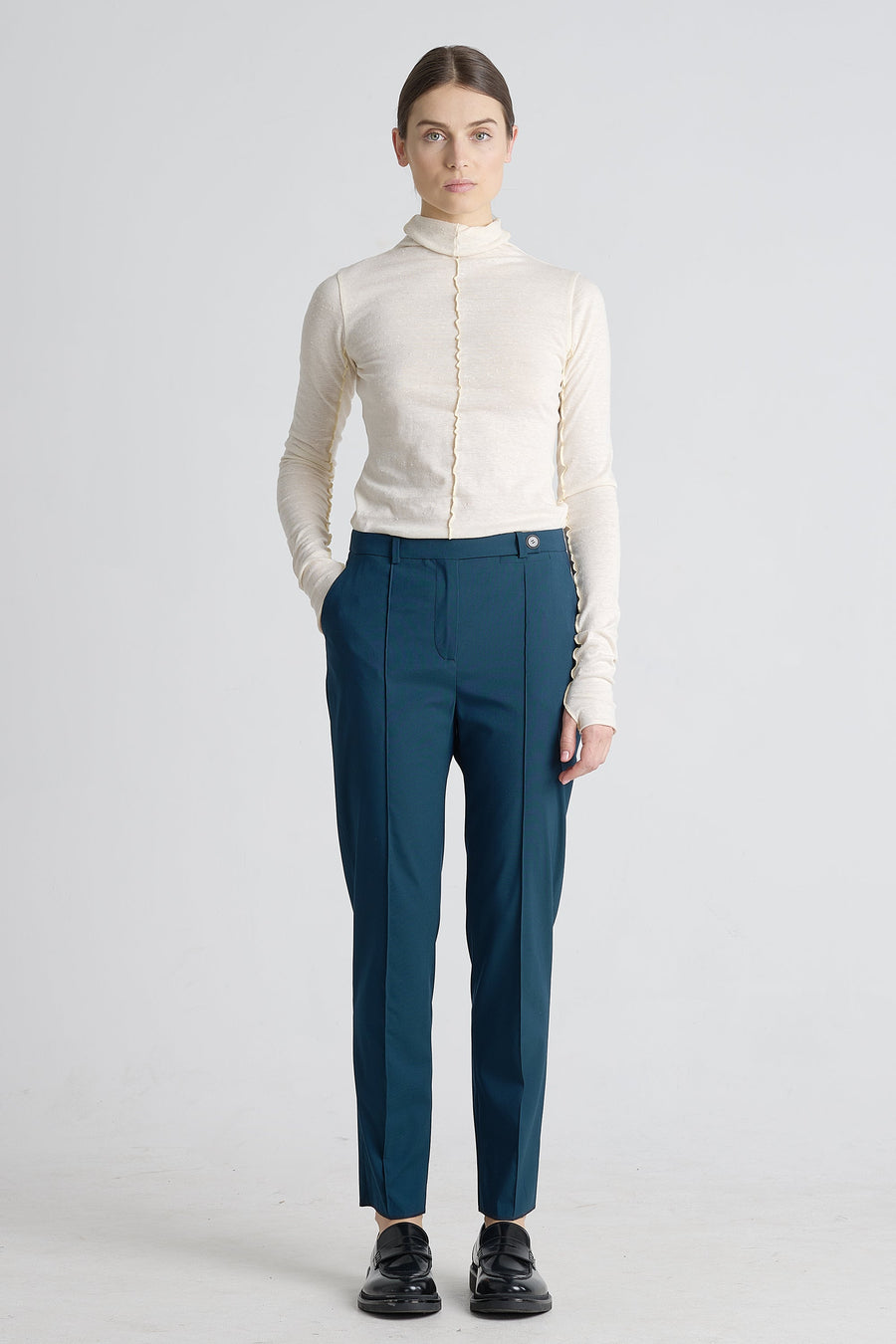 Teal green wool stretch and slim pants