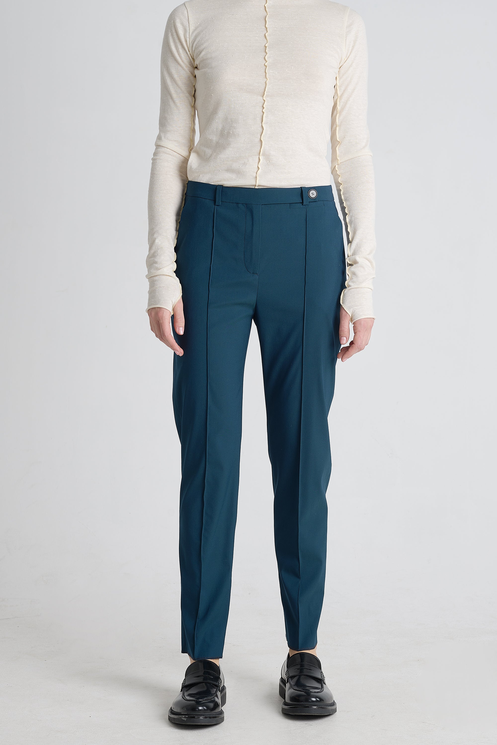 Teal green wool stretch and slim pants