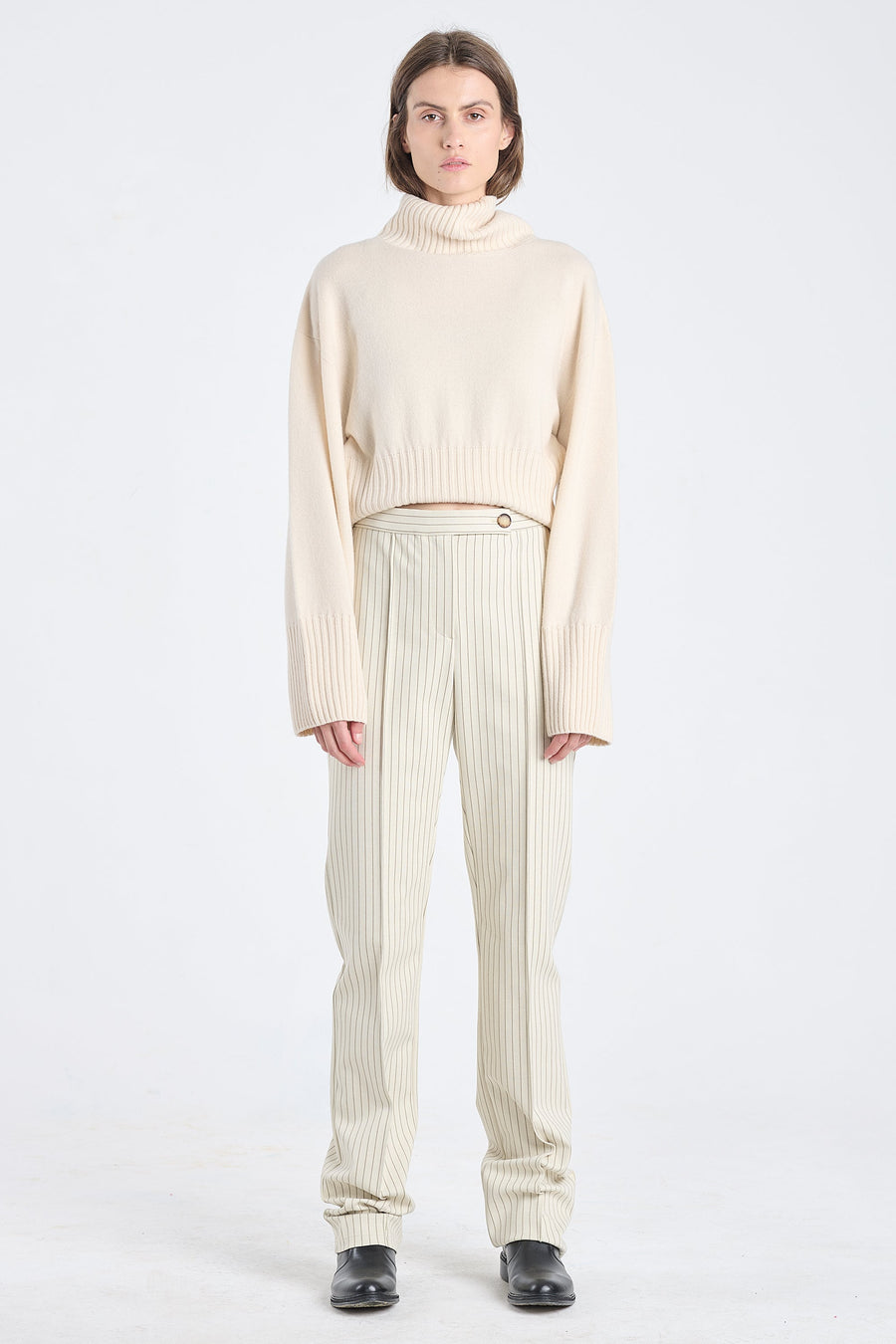 Ivory&grey bistretch striped cigarette pants