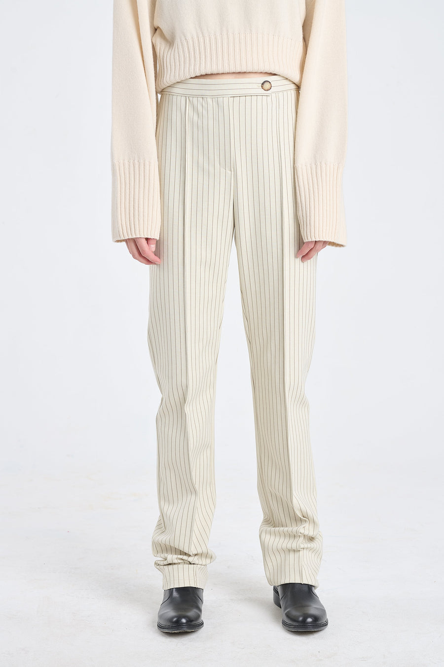 Ivory&grey bistretch striped cigarette pants