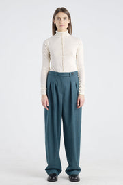 Teal green stripe wool&cashmere pleated pants
