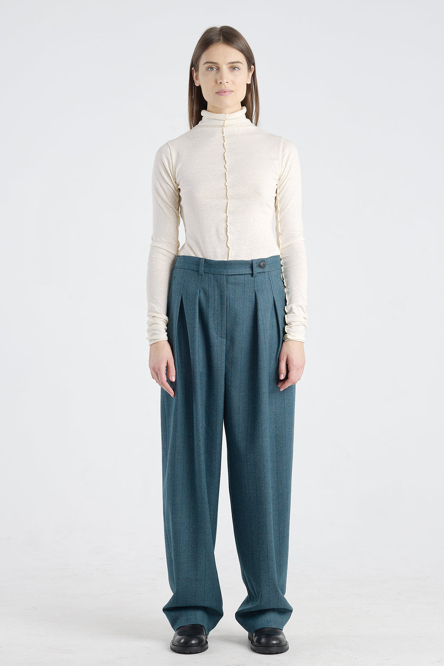 Teal green stripe wool&cashmere pleated pants