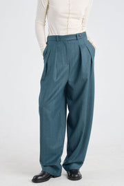 Teal green stripe wool&cashmere pleated pants