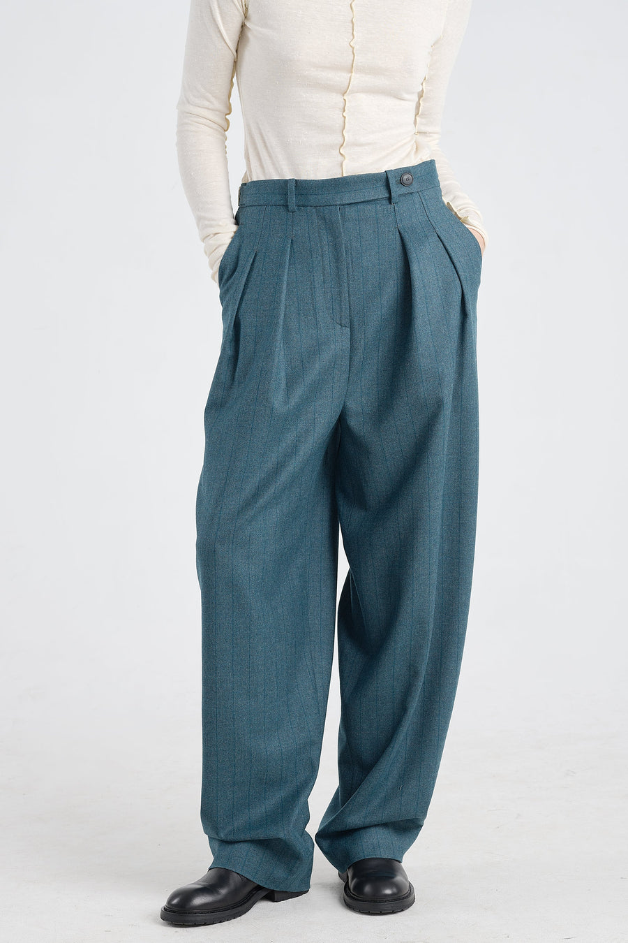 Teal green stripe wool&cashmere pleated pants