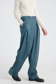 Teal green stripe wool&cashmere pleated pants
