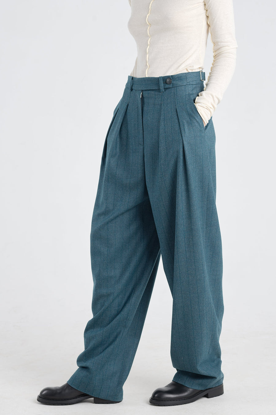 Teal green stripe wool&cashmere pleated pants