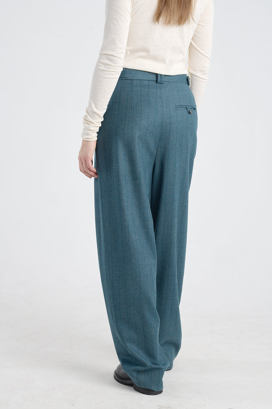 Teal green stripe wool&cashmere pleated pants