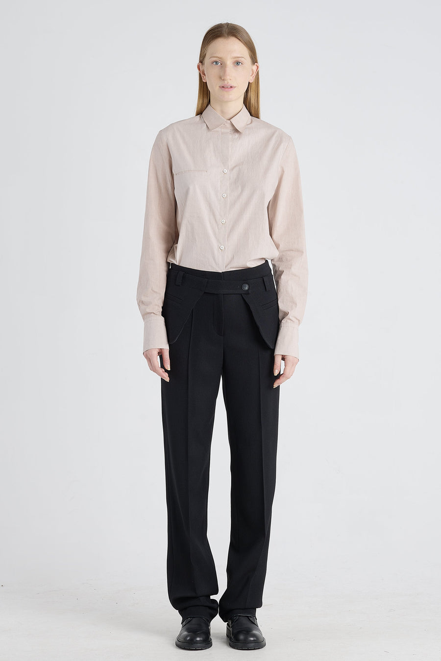 Black stretch wool pants with detachable pockets