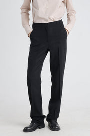Black stretch wool pants with detachable pockets