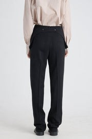 Black stretch wool pants with detachable pockets