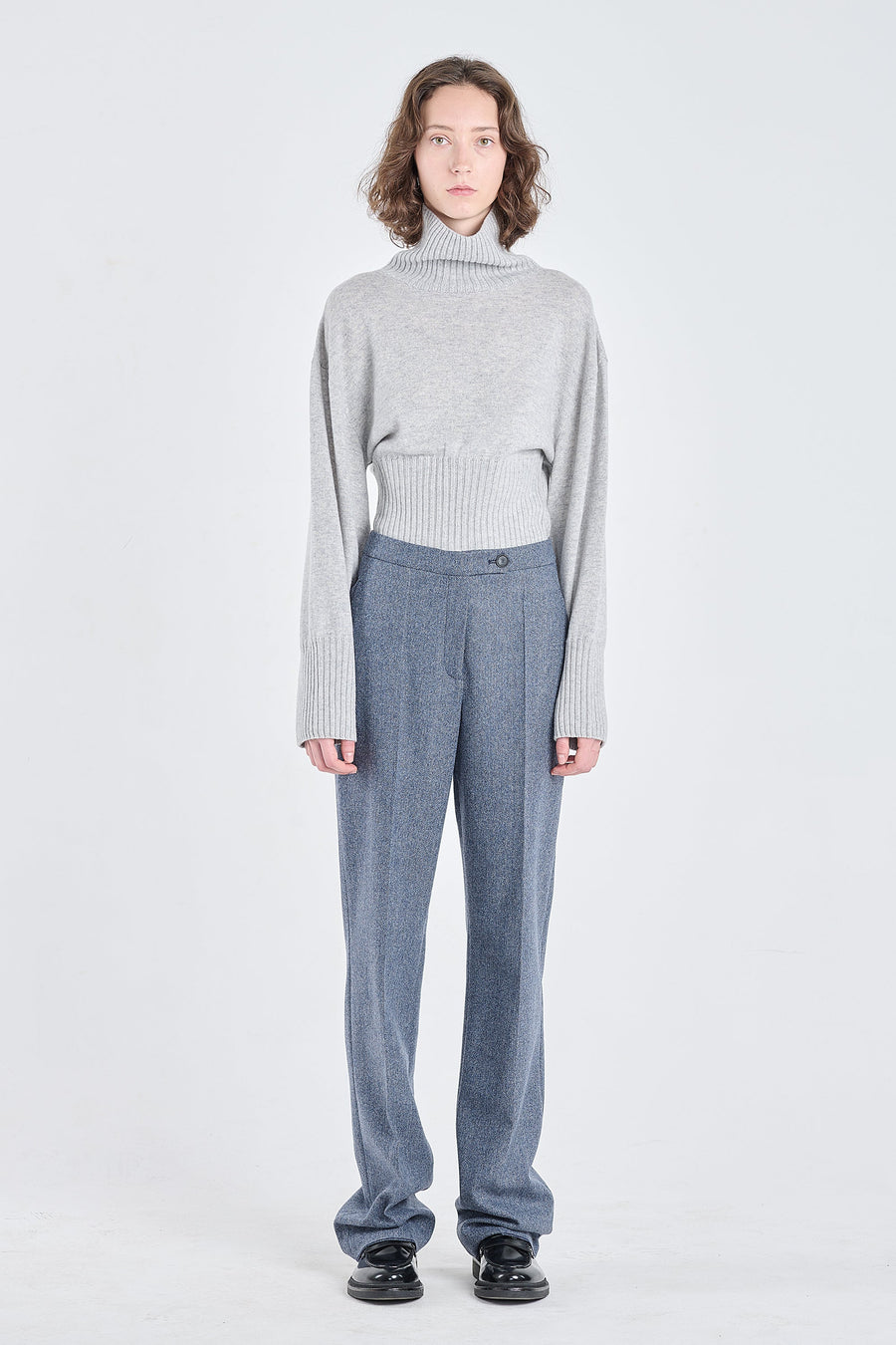 Blue herringbone wool straight pants